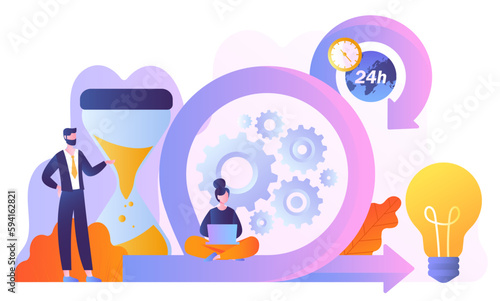 Scrum framework concept. Man and woman with laptop near gears and hourglass. Organization of effective workflow and time management. Software development scheme. Cartoon flat vector illustration