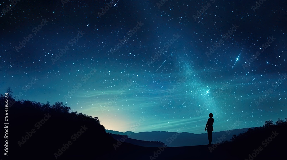 Lone figure watching meteor shower in expansive night sky. Lone figure watching meteor shower in expansive night sky.
