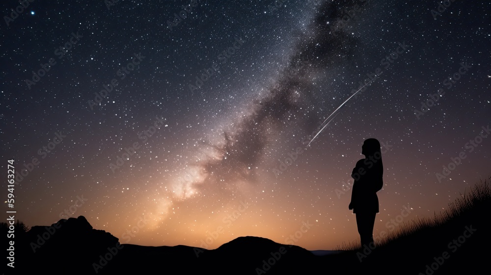 Silhouette of a person stargazing under a starry sky. Silhouette of a person stargazing under a starry sky.