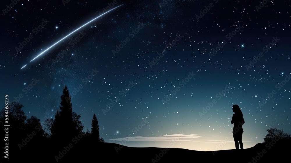 Silhouette of a woman gazing at a bright meteor in the night sky. Silhouette of a woman gazing at a bright meteor in the night sky.