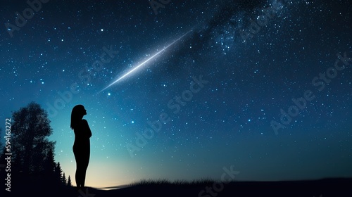 Silhouetted woman observing shooting star in night sky. photo