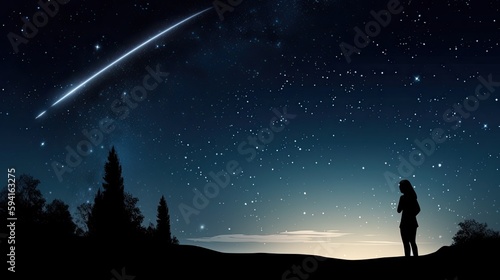 Silhouette of a woman gazing at a bright meteor in the night sky.