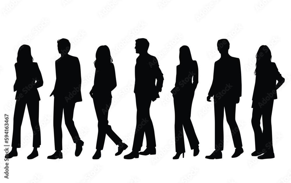 Vector silhouettes of  men and a women, a group of standing  business people, black color isolated on white background