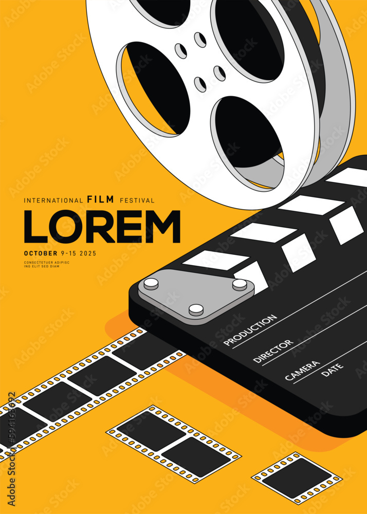 Movie and film festival poster design template background with film reel  Stock Vector