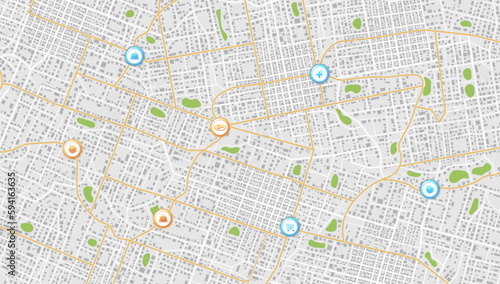 Location tracks dashboard. City street road. City streets and blocks, route distance data, path turns and destination tag or mark. Huge city top view.