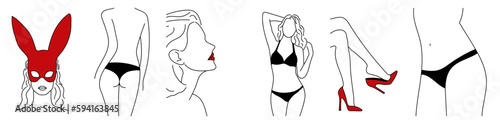 collection of sexy linear portraits of women: legs in shoes, bdsm mask (rabbit), underwear. Red and black elements on white background
