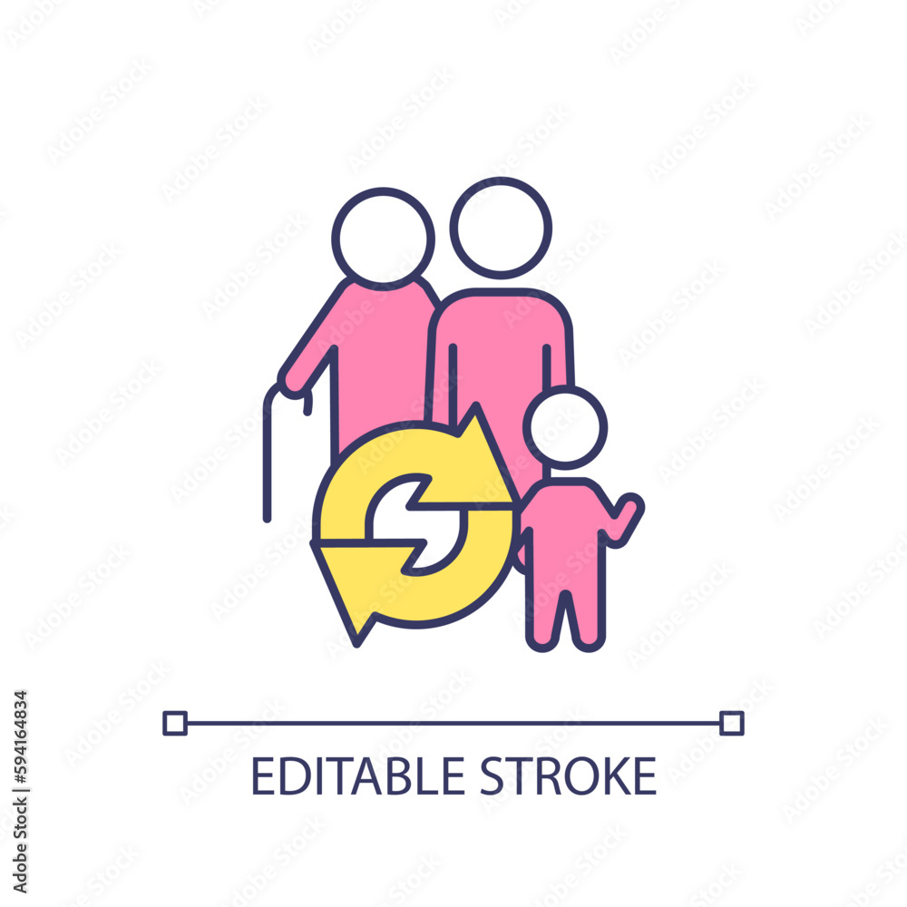 Generations RGB color icon. Grandparents and grandchild relationship. Inheritance and legacy. Respect for elderly people. Isolated vector illustration. Simple filled line drawing. Editable stroke Generations RGB color icon. Grandparents and grandchild relationship. Inheritance and legacy. Respect for elderly people. Isolated vector illustration. Simple filled line drawing. Editable stroke