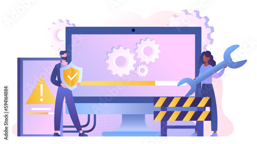 System update concept. Downloading files, programmers upgrading operating system and software. Development and installation of mobile applications and programs. Cartoon flat vector illustration