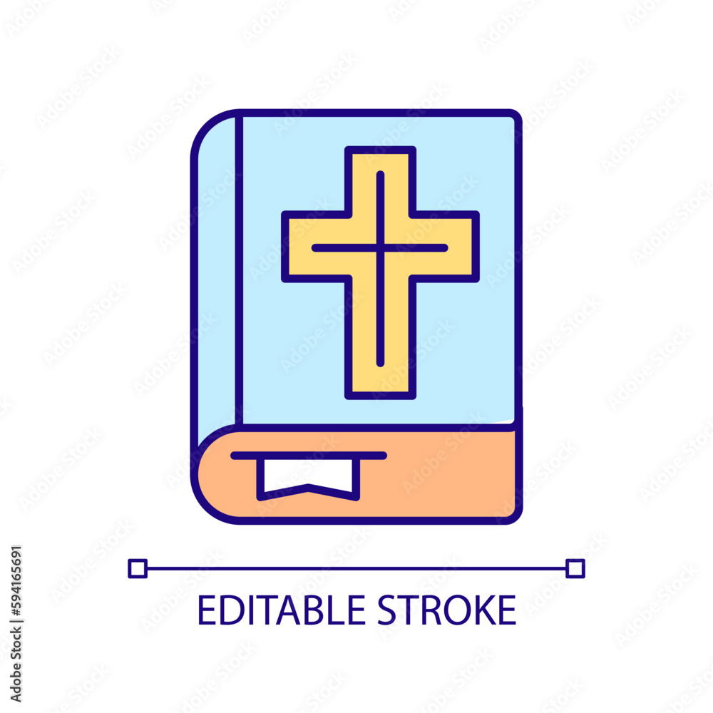 Holy bible of catholic Christians RGB color icon. Spiritual symbol for worshipers. Church ritual texts and statements. Isolated vector illustration. Simple filled line drawing. Editable stroke Holy bible of catholic Christians RGB color icon. Spiritual symbol for worshipers. Church ritual texts and statements. Isolated vector illustration. Simple filled line drawing. Editable stroke