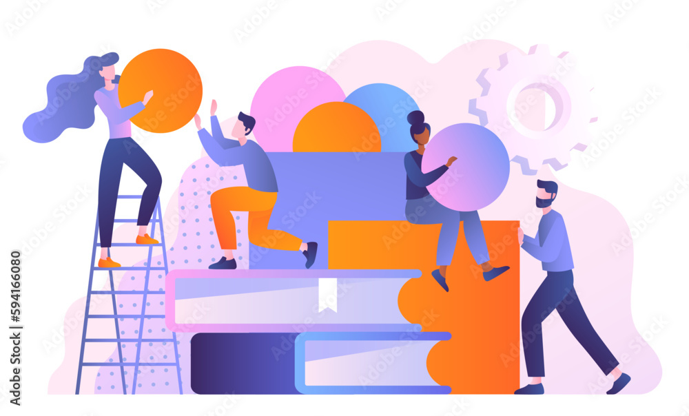Concept of teamwork. Colleagues working on common project, organizing effective workflow. Men and women with geometric shapes. Collaboration and cooperation. Cartoon flat vector illustration