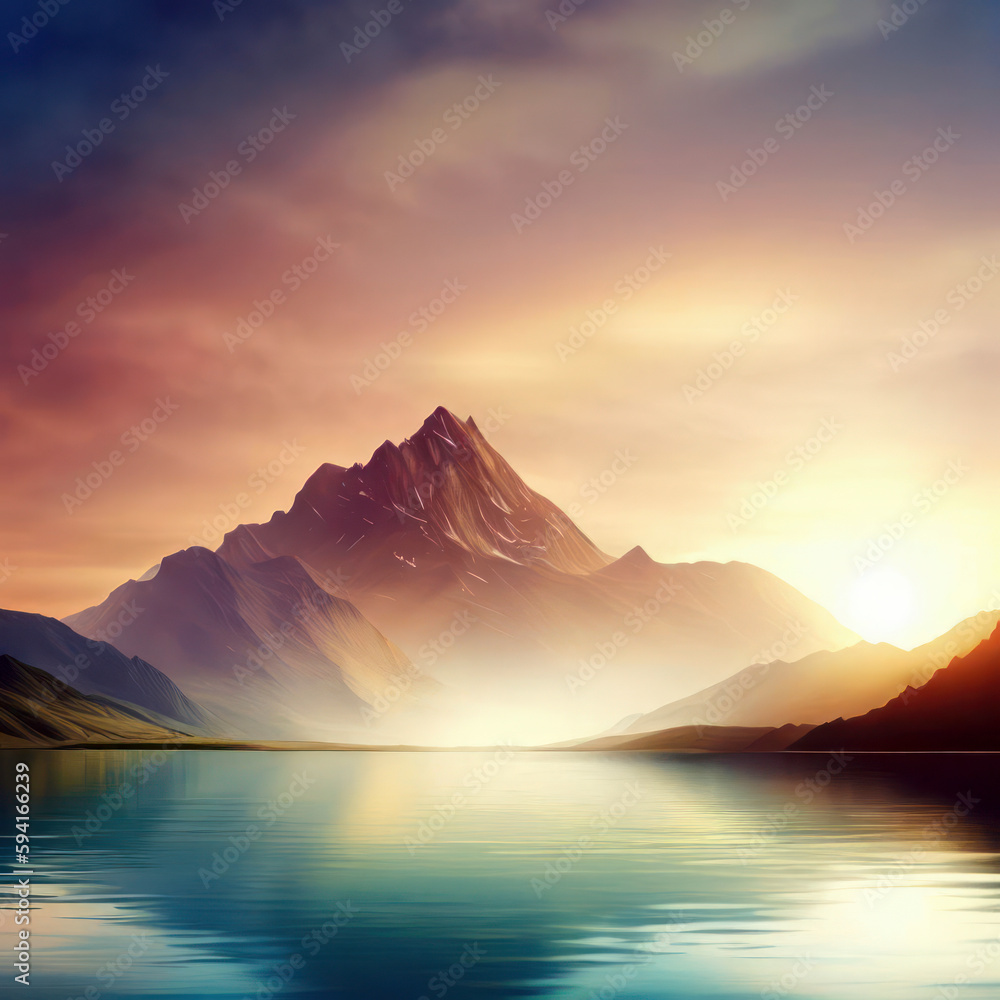Beautiful mountain and lake at sunset, generative ai