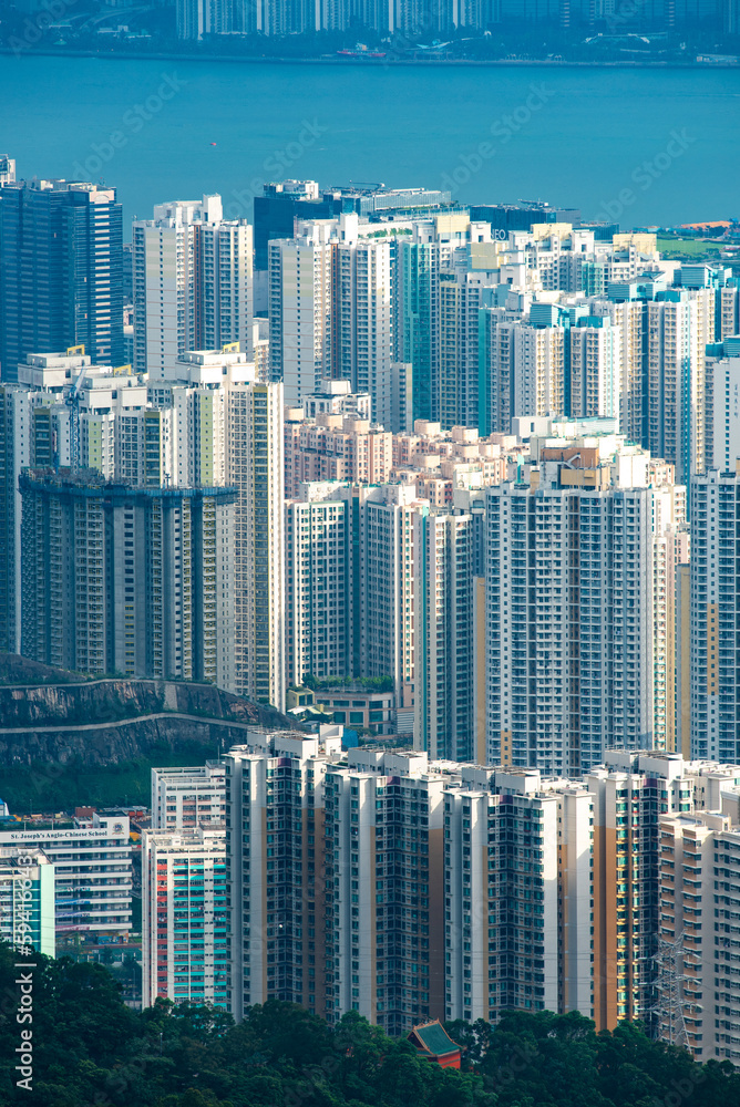 Obraz premium Hong Kong Victoria harbor city landscape, business downtown urban with skyline building tower, Asia district scene of skyscraper architecture view to travel