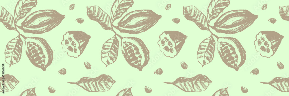 Vector Cocoa beans seamless pattern. Hand drawn Cacao beans background for chocolate packaging ornament or powder. Old fashioned cocoa plant illustrations for Bean to Bar label. Organic cacao butter. Vector Cocoa beans seamless pattern. Hand drawn Cacao beans background for chocolate packaging ornament or powder. Old fashioned cocoa plant illustrations for Bean to Bar label. Organic cacao butter.