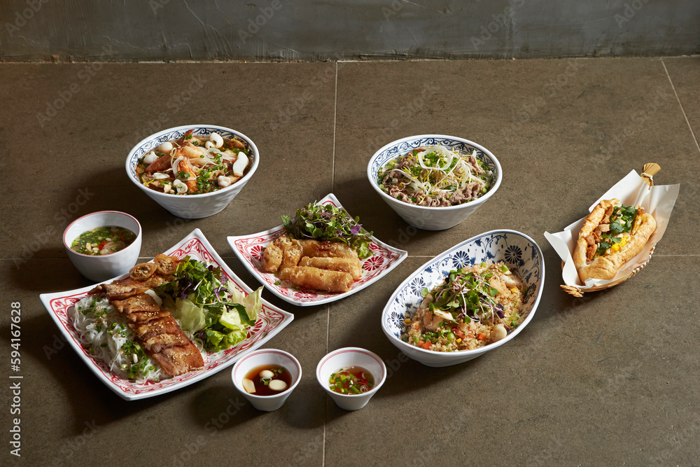 Various types of Vietnamese food, rice noodles, spring rolls