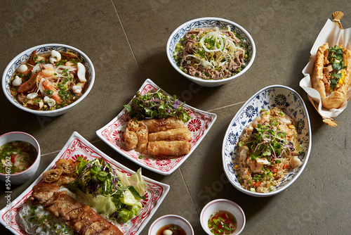 Various types of Vietnamese food  rice noodles  spring rolls