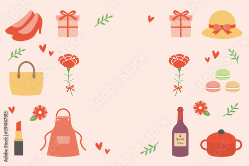 母の日の背景フレーム、サムネイル、タイトルロゴ素材。カーネーションの花の飾り、かわいいベクターイラスト。 - Mother's Day background frame, thumbnail and title logo. Carnation flower decoration, cute vector illustration.