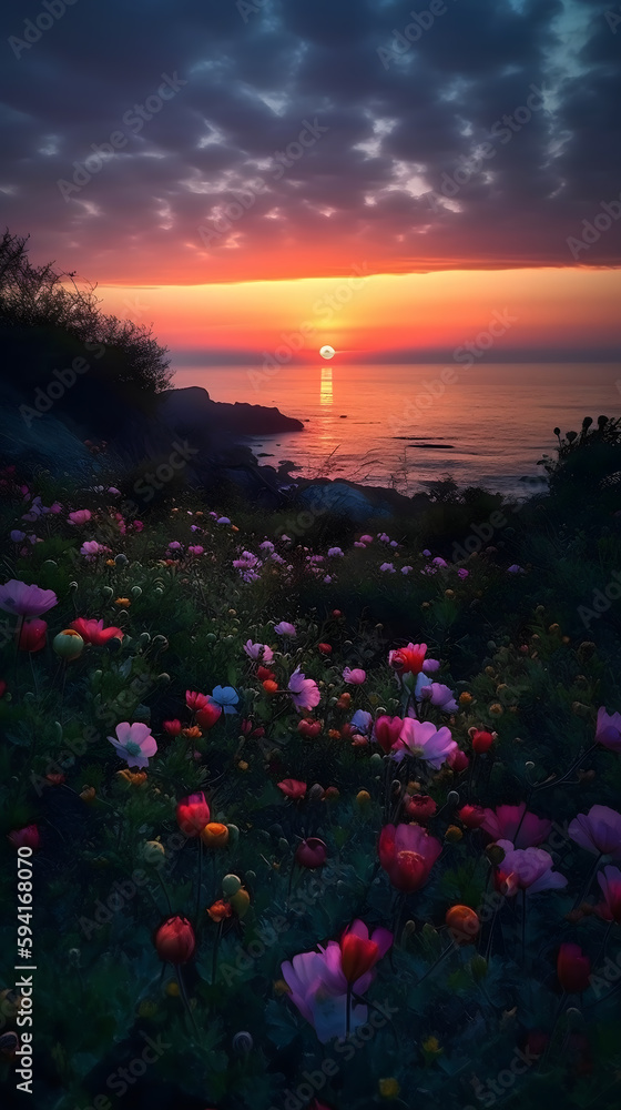 Fototapeta premium sunset over the sea with flower and garden view
