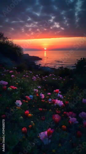 sunset over the sea with flower and garden view