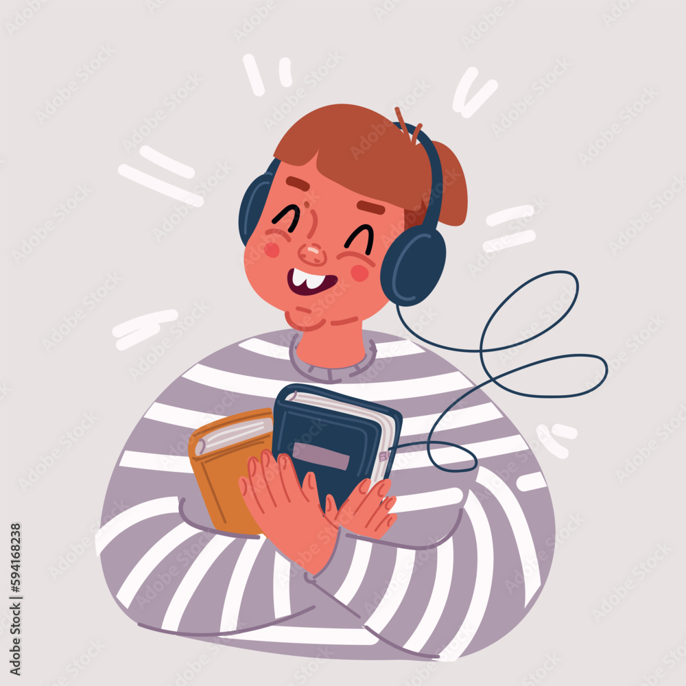 Vector illustration of happy boy in headphones connected to audio book. Concept of online application or media player for listening to digital audiobooks and podcasts.