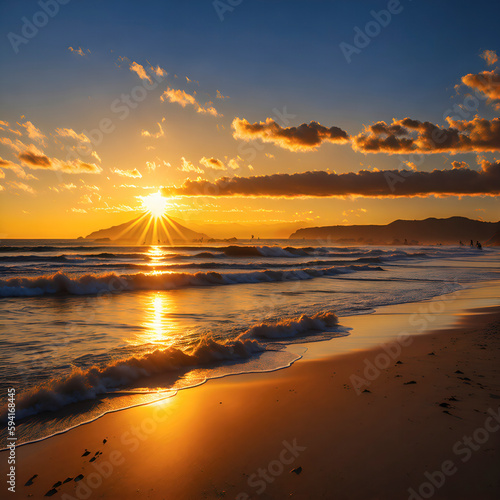 Golden hour sunset at a California beach, crepuscular rays, generative AI