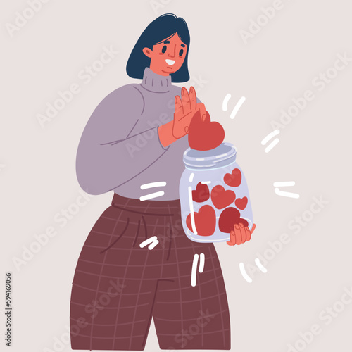 Vector illustration of Donation glass jar with red hearts. Woman hold hand throw heart in huge bottle for donate. Give and share your love. Support for poor people and children.