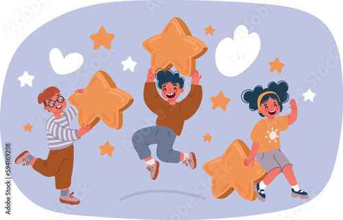 Vector illustration of kids hand holding yellow star. Sign of feedback, rating, good review, supporting client service successful