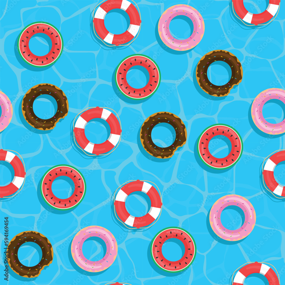 Seamless pattern lifebuoys. Watermelon help ring, donut round rescue, red white lifebuoy. Vector illustration