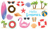 Collection of symbols of summer. Surfboard, sunglasses, lifebuoy, shell, ball, palm tree. Vector illustration.