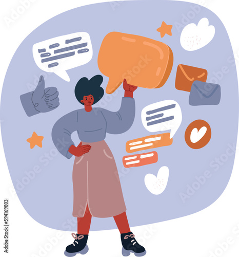 Vector illustration of Raised hands holding speech bubble. Racial equality.Multi-ethnic and multicultural women. Different culture and countries. Community