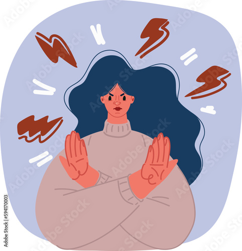 Vector illustration of Continuous one line woman with long hair makes hands prohibition sign, cross, NO sign. Young girl standing and showing stop gesture. Woman prohibition minimalist style.