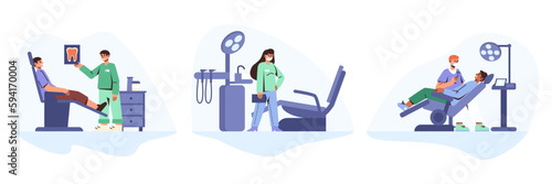 Set of cartoon characters of dentists examining their patients in hospital