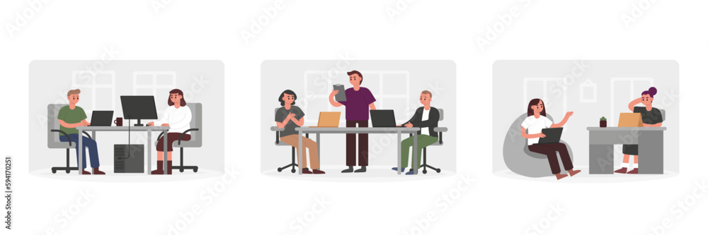 Set of different cartoon characters of young people working together Set of different cartoon characters of young people working together