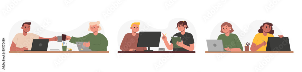 Set of cartoon characters of young people discussing ideas for new startup project Set of cartoon characters of young people discussing ideas for new startup project