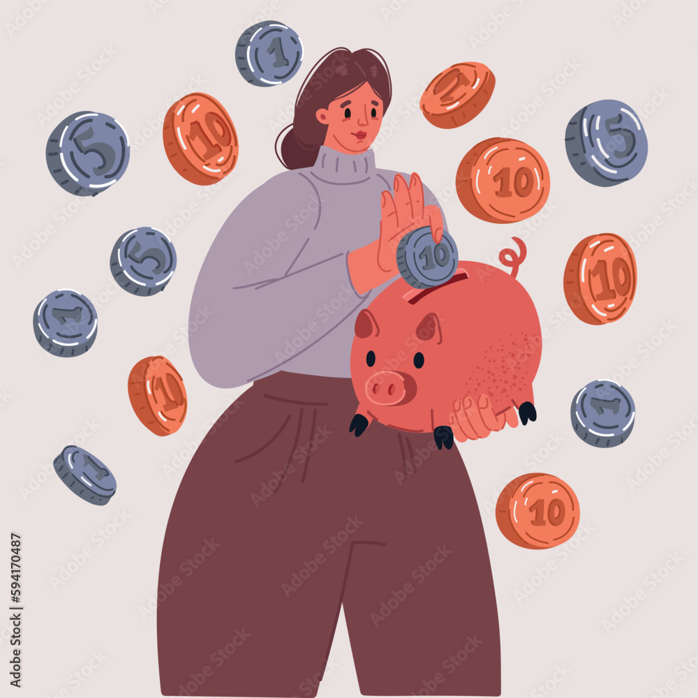 Vector illustration of Tiny Female Character Collect Golden Coins into ...