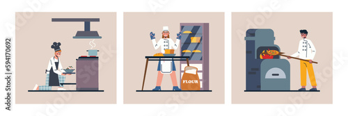 Set of cartoon characters of professional chefs at work
