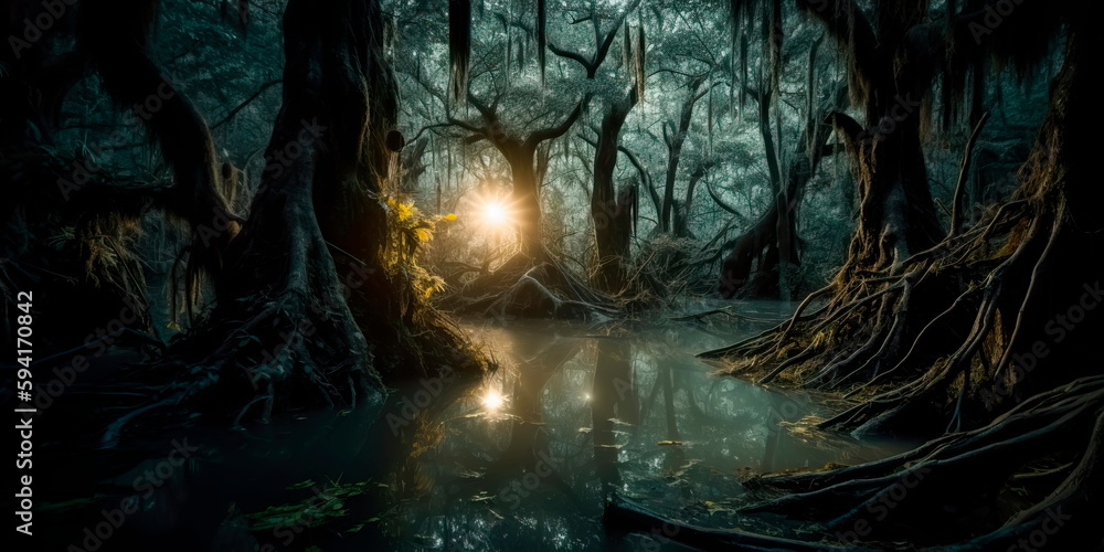 cursed swamp with twisted trees and murky waters, with ghostly apparitions and a full moon casting an eerie glow, evoking a sense of dread and foreboding. Generative AI