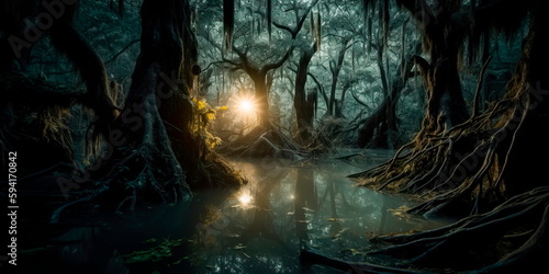 cursed swamp with twisted trees and murky waters  with ghostly apparitions and a full moon casting an eerie glow  evoking a sense of dread and foreboding. Generative AI