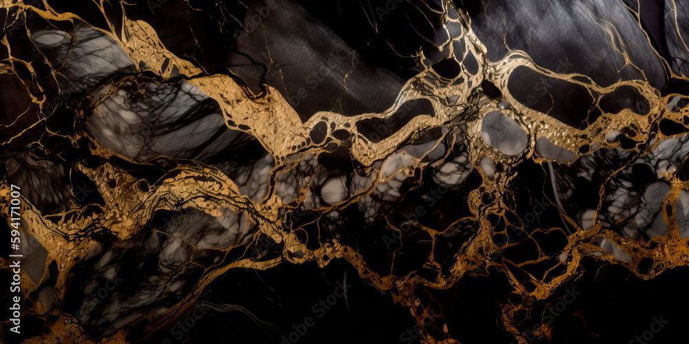 polished black marble background with shimmering gold veins, suggesting opulence and grandeur.Generative AI