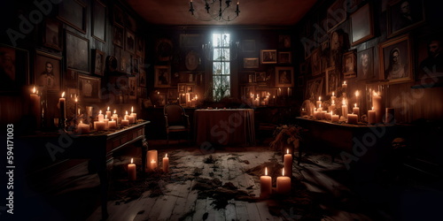 sinister mansion with creepy dolls and portraits lining the walls  with flickering candles and creaking floorboards adding to the spooky ambiance. Generative AI