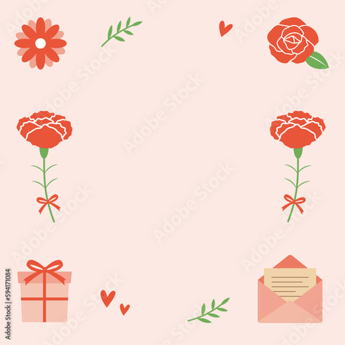 カーネーションと薔薇の花とプレゼントボックスの背景フレーム、正方形のサムネイル、贈り物のメッセージカード素材。母の日のタイトルロゴ。かわいいベクターイラスト。- Gift box background frame with carnations and roses, square thumbnail, gift message card material. Vector illustration.
