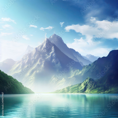 Beautiful mountain and lake at daytime  generative ai