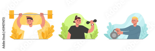 Set of cartoon characters of young people doing sports exercises