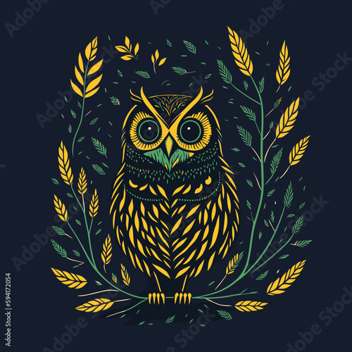 Vector illustration of a green and yellow owl, perfect for design, decoration, or print projects. The bird is perched on a branch with leaves.