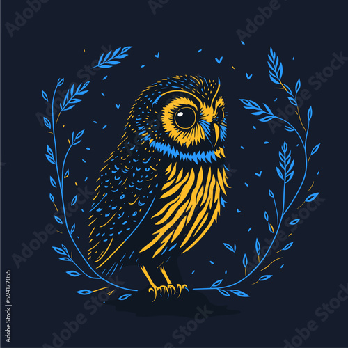 Engraved blue and yellow owl vector illustration with a branch and leaves. Perfect for your design, decoration, and printing needs.