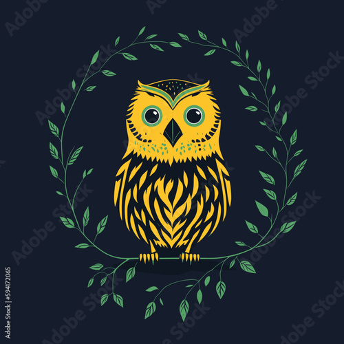 A beautiful green and yellow owl is depicted in this vector illustration. Use it as a template for engraving or as an image for design and decoration purposes.
