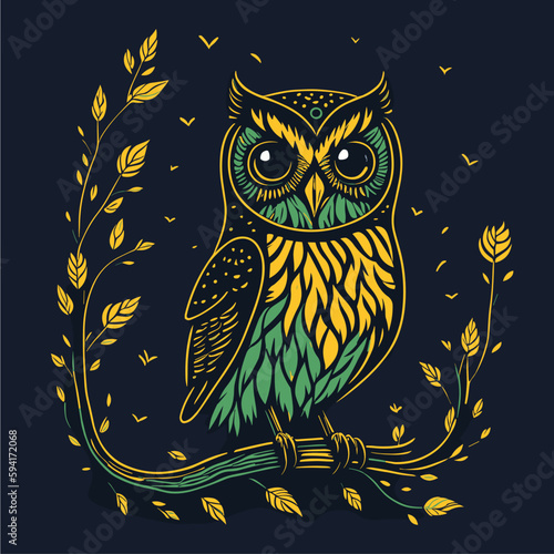 This vector image of a owl with green and yellow feathers perched on a branch surrounded by leaves is perfect for engraving templates or design projects. photo