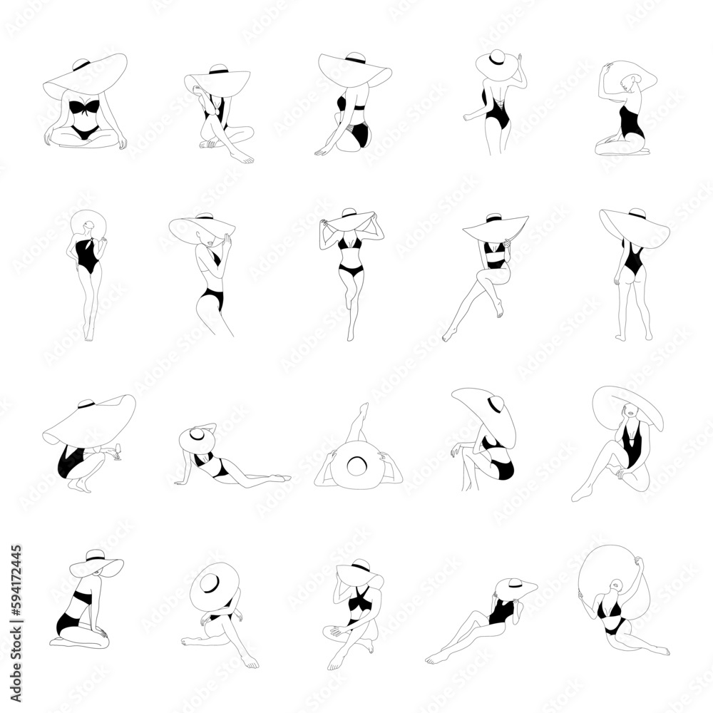 Abstract women in straw hats. Set of modern linear female figures. Elegant girls in black bikinis. Vector outline illustrations in minimalistic style. Design for logo, print, card, poster. Abstract women in straw hats. Set of modern linear female figures. Elegant girls in black bikinis. Vector outline illustrations in minimalistic style. Design for logo, print, card, poster.