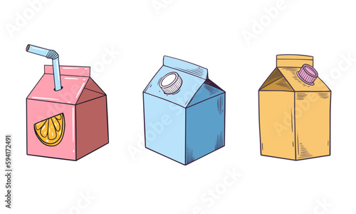 Juice and milk package box set hand drawn colorful cartoon style.