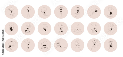 Abstract linear woman in hat. Set of highlight covers for social media. Vector Illustration of elegant woman bodies in a trendy linear style. Beauty logo for travel blog or tour agency.