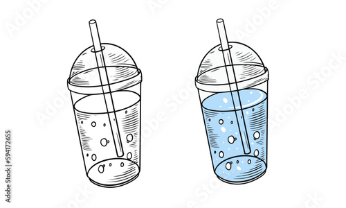Plastic cup with drink set hand drawn sketch art vector illustration.